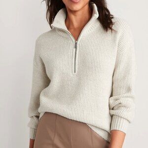 Old Navy Rib-Knit Quarter-Zip Sweater – Beige | Size M Petite (Fits Oversized)
